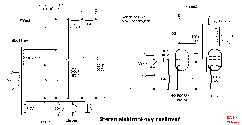 schéma elektronkového zesilovače s ECC82 a 2x EL84