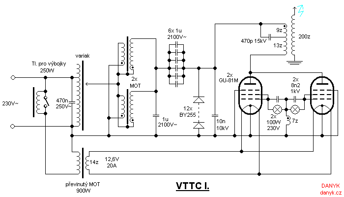 Schéma elektronkového teslova transformátoru (VTTC) se dvěma GU-81M